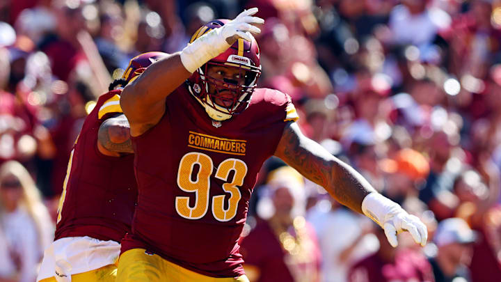 Oct 6, 2024; Landover, Maryland, USA; Washington Commanders defensive tackle Jonathan Allen (93) celebrates after a tackle during the second quarter against the Cleveland Browns at NorthWest Stadium. Oct 6, 2024; Landover, Maryland, USA; Washington Commanders defensive tackle Jonathan Allen (93) celebrates after a tackle during the second quarter against the Cleveland Browns at NorthWest Stadium.