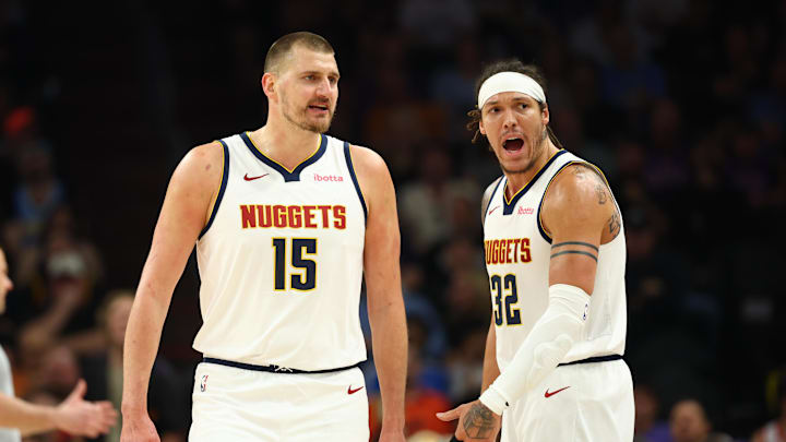 Mar 24, 2026; Phoenix, Arizona, USA; Denver Nuggets center Nikola Jokic (15) and forward Aaron Gordon (32) against the Phoenix Suns at Mortgage Matchup Center. Mar 24, 2026; Phoenix, Arizona, USA; Denver Nuggets center Nikola Jokic (15) and forward Aaron Gordon (32) against the Phoenix Suns at Mortgage Matchup Center.