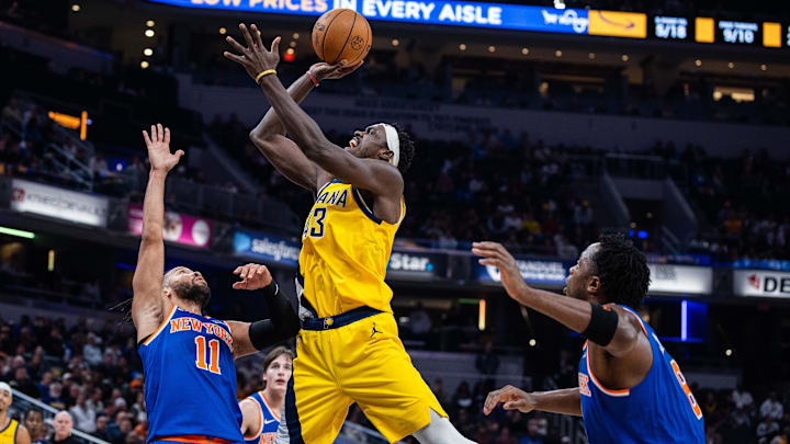 Dec 18, 2025; Indianapolis, Indiana, USA;  Indiana Pacers forward Pascal Siakam (43) shoots the ball while New York Knicks guard Jalen Brunson (11) defends in the first half at Gainbridge Fieldhouse. Mandatory Credit: Trevor Ruszkowski-Imagn Images