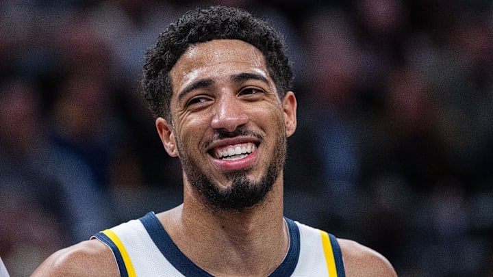 Apr 8, 2025; Indianapolis, Indiana, USA; Indiana Pacers guard Tyrese Haliburton (0) in the first half against the Washington Wizards at Gainbridge Fieldhouse. Mandatory Credit: Trevor Ruszkowski-Imagn Images