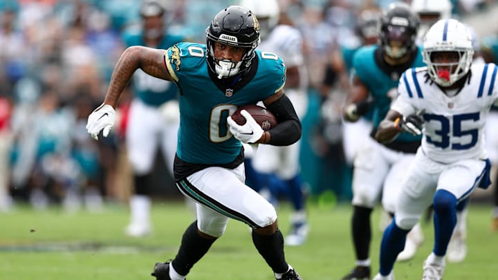 Oct 6, 2024; Jacksonville, Florida, USA; Jacksonville Jaguars wide receiver Gabe Davis (0) runs with the ball against the Indianapolis Colts in the second quarter at EverBank Stadium. Mandatory Credit: Nathan Ray Seebeck-Imagn Images