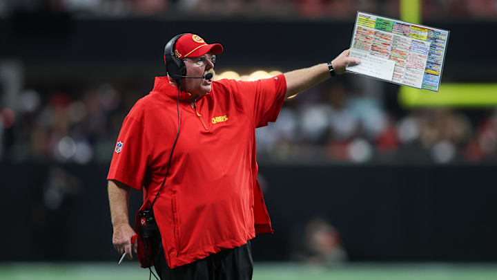 Sep 22, 2024; Atlanta, Georgia, USA; Kansas City Chiefs head coach Andy Reid on the sideline against the Atlanta Falcons in the fourth quarter at Mercedes-Benz Stadium. Mandatory Credit: Brett Davis-Imagn Images