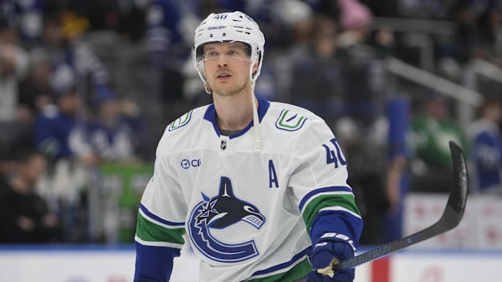 Jan 11, 2025; Toronto, Ontario, CAN; Vancouver Canucks forward Elias Pettersson (40) during warm up before a game against the Toronto Maple Leafs at Scotiabank Arena. Mandatory Credit: John E. Sokolowski-Imagn Images