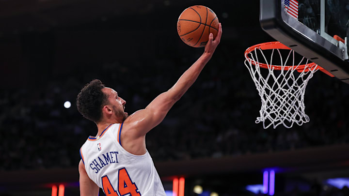 Oct 13, 2024; New York, New York, USA; New York Knicks guard Landry Shamet (44) lays the ball up for a basket  during the first half against the Minnesota Timberwolves at Madison Square Garden. Mandatory Credit: Vincent Carchietta-Imagn Images