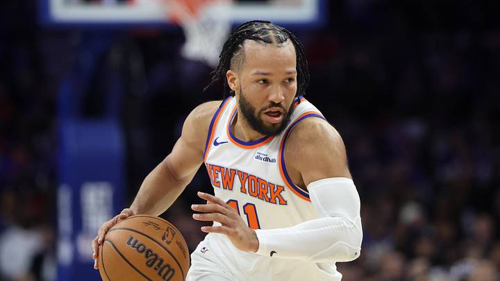 Feb 11, 2026; Philadelphia, Pennsylvania, USA; New York Knicks guard Jalen Brunson (11) drives against the Philadelphia 76ers during the first half at Xfinity Mobile Arena. Mandatory Credit: Bill Streicher-Imagn Images