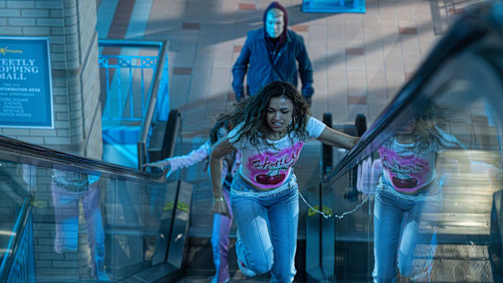 Time Cut. (Featured) Madison Bailey as Lucy, Sydney Sabiston as Val and BJ Verot as The Slasher in Time Cut