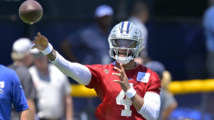 Jul 26, 2023; Oxnard, CA, USA; Dallas Cowboys quarterback Dak Prescott (4) throws a pass during