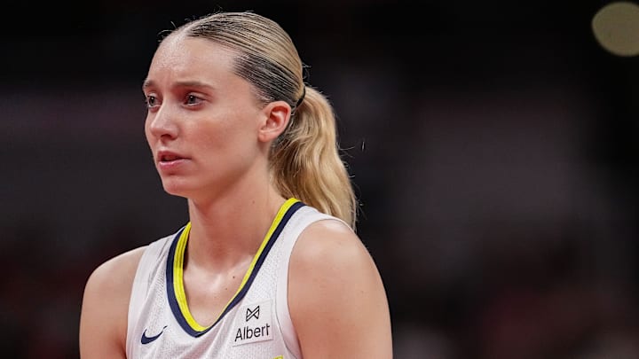 Dallas Wings guard Paige Bueckers (5) stands on the court Tuesday, Aug. 12, 2025, during the game at Gainbridge Fieldhouse in Indianapolis. The Dallas Wings defeated the Indiana Fever, 81-80.