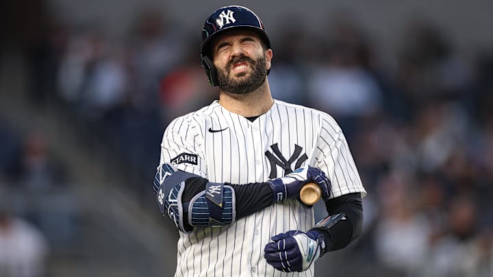 New York Yankees catcher Austin Wells (28) reacts during an at bat during the second inning against the Baltimore Orioles at Yankee Stadium.