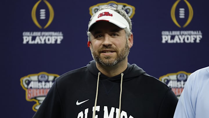 Jan 1, 2026; New Orleans, LA, USA; Ole Miss Rebels head coach Pete Golding smiles from the stage after defeating the Georgia Bulldogs during the 2026 Sugar Bowl and quarterfinal game of the College Football Playoff at Caesars Superdome. Mandatory Credit: Amber Searls-Imagn Images Jan 1, 2026; New Orleans, LA, USA; Ole Miss Rebels head coach Pete Golding smiles from the stage after defeating the Georgia Bulldogs during the 2026 Sugar Bowl and quarterfinal game of the College Football Playoff at Caesars Superdome. Mandatory Credit: Amber Searls-Imagn Images