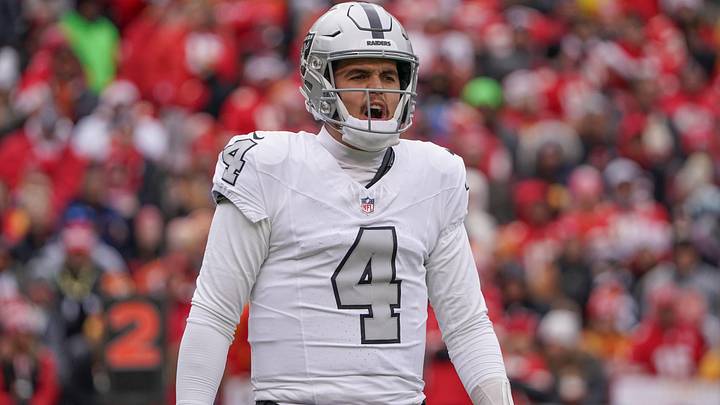 Dec 25, 2023; Kansas City, Missouri, USA; Las Vegas Raiders quarterback Aidan O'Connell (4) shouts Dec 25, 2023; Kansas City, Missouri, USA; Las Vegas Raiders quarterback Aidan O'Connell (4) shouts
