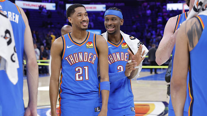 Apr 5, 2026; Oklahoma City, Oklahoma, USA; Oklahoma City Thunder guard Aaron Wiggins (21) and Oklahoma City Thunder guard Shai Gilgeous-Alexander (2) laugh after a game against the Utah Jazz at Paycom Center. Mandatory Credit: Alonzo Adams-Imagn Images