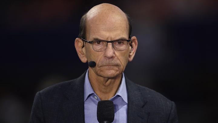 ESPN announcer Paul Finebaum before the 2024 SEC Championship game at Mercedes-Benz Stadium.