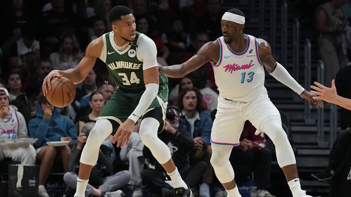 Apr 5, 2025; Miami, Florida, USA; Milwaukee Bucks forward Giannis Antetokounmpo (34) looks to shoot as Miami Heat center Bam Adebayo (13) defends during the first half at Kaseya Center. Mandatory Credit: Jim Rassol-Imagn Images Apr 5, 2025; Miami, Florida, USA; Milwaukee Bucks forward Giannis Antetokounmpo (34) looks to shoot as Miami Heat center Bam Adebayo (13) defends during the first half at Kaseya Center. Mandatory Credit: Jim Rassol-Imagn Images