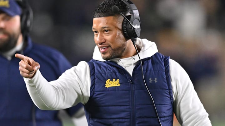 Nov 9, 2024; South Bend, Indiana, USA; Notre Dame Fighting Irish head coach Marcus Freeman reacts after a Fighting Irish touchdown against the Florida State Seminoles in the third quarter at Notre Dame Stadium. 