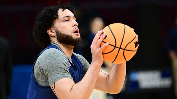 Mar 20, 2025; Cleveland, OH, USA; Robert Morris Colonials guard Ryan Prather Jr. (2) shoots during practice at Rocket Arena.