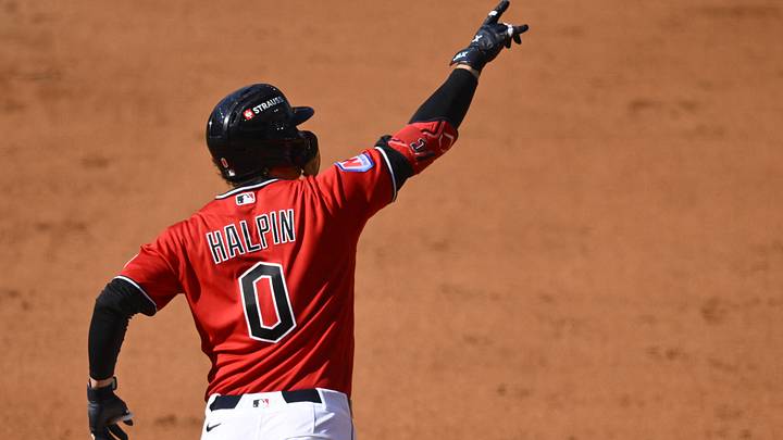 Oct 15, 2026: Cleveland Guardians outfielder Petey Halpin (0) reacts after hitting a home run during the fifth inning against the Tampa Bay Rays at Progressive Field. Credit: David Richard-Imagn Images