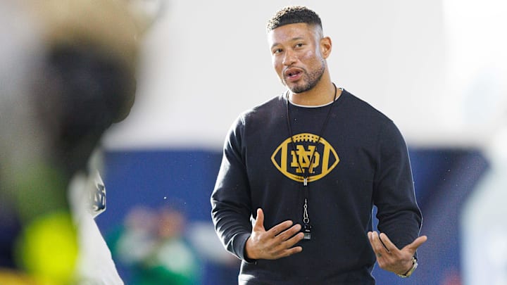 Notre Dame head coach Marcus Freeman greets his players during a Notre Dame football spring practice at Irish Athletic Center on Wednesday, March 19, 2025, in South Bend.
