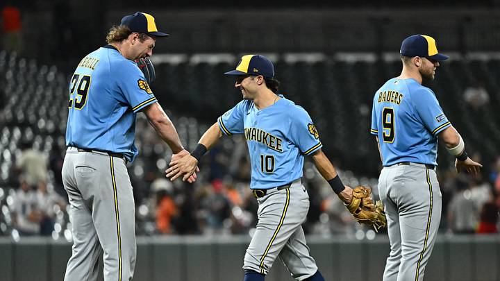 Sep 20, 2026; Baltimore, Maryland, USA;  Milwaukee Brewers players celebrate a win against the Baltimore Orioles at Oriole Park at Camden Yards.  Mandatory Credit: James A. Pittman-Imagn Images