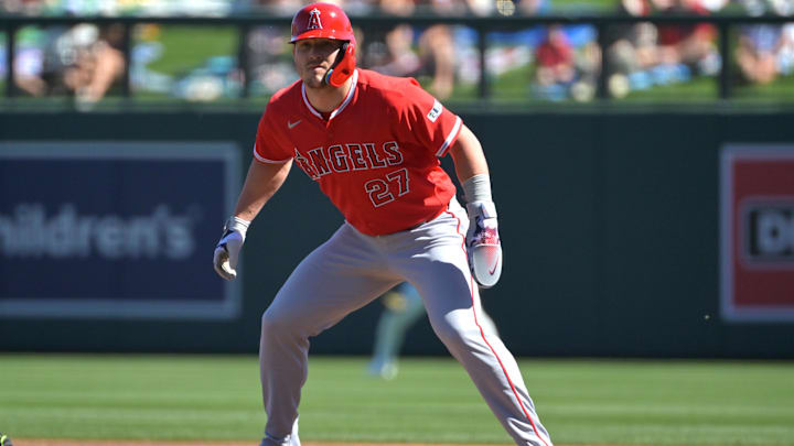 Feb 22, 2026; Salt River Pima-Maricopa, Arizona, USA; Los Angeles Angels right fielder Mike Trout (27) takes a lead off second base in the first inning against the Arizona Diamondbacks at Salt River Fields at Talking Stick. Mandatory Credit: Jayne Kamin-Oncea-Imagn Images