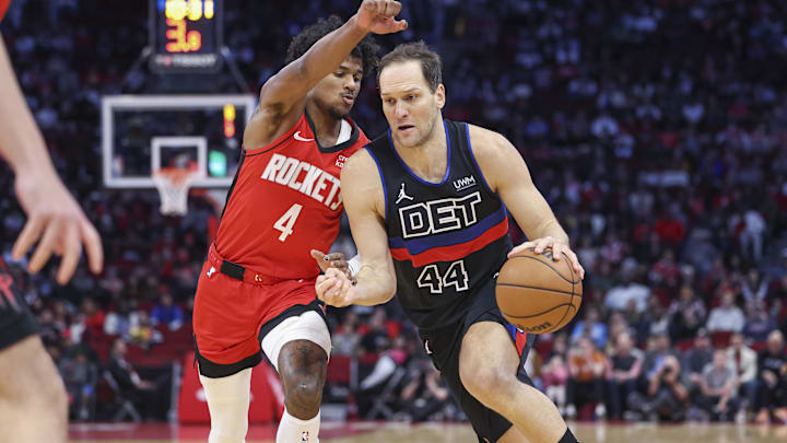 Jan 1, 2024; Houston, Texas, USA; Detroit Pistons forward Bojan Bogdanovic (44) drives with the ball