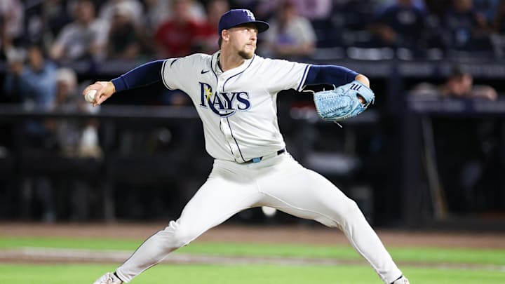 May 6, 2025; Tampa, Florida, USA; Tampa Bay Rays pitcher Eric Orze (17) throws a pitch against the Philadelphia Phillies in the eighth inning at George M. Steinbrenner Field.