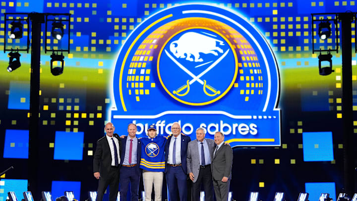 Jun 28, 2024; Las Vegas, Nevada, USA; Konsta Helenius is selected by the Buffalo Sabres with the 14th overall pick in the first round of the 2024 NHL Draft at The Sphere. Mandatory Credit: Stephen R. Sylvanie-Imagn Images