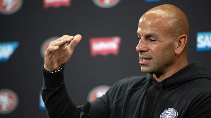 Jun 11, 2025; Santa Clara, CA, USA; San Francisco 49ers defensive coordinator Robert Saleh speaks to the media following a team OTA at Levi's Stadium. Mandatory Credit: D. Ross Cameron-Imagn Images