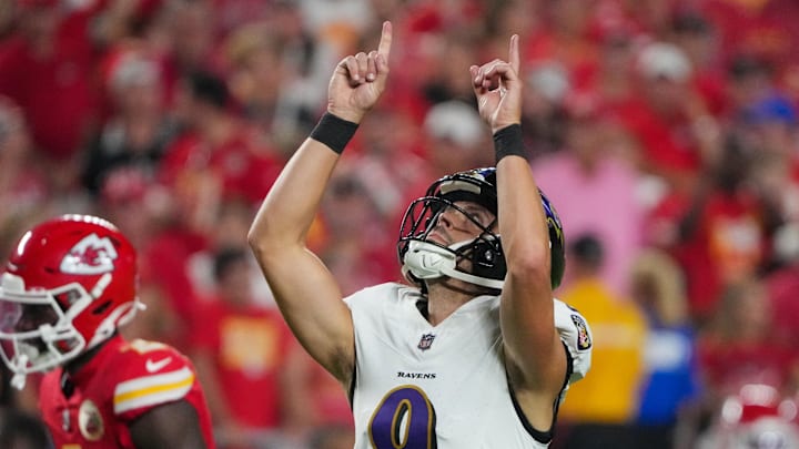 Sep 5, 2024; Kansas City, Missouri, USA; Baltimore Ravens kicker Justin Tucker (9) celebrates after kicking a field goal agains the Kansas City Chiefs during the first half at GEHA Field at Arrowhead Stadium. Mandatory Credit: Denny Medley-Imagn Images Sep 5, 2024; Kansas City, Missouri, USA; Baltimore Ravens kicker Justin Tucker (9) celebrates after kicking a field goal agains the Kansas City Chiefs during the first half at GEHA Field at Arrowhead Stadium. Mandatory Credit: Denny Medley-Imagn Images