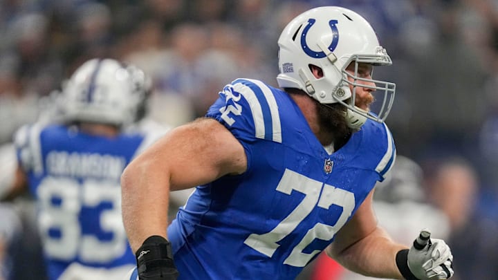 Indianapolis Colts offensive tackle Braden Smith (72) moves on the field Saturday, Jan. 6, 2024, during a game against the Houston Texans at Lucas Oil Stadium in Indianapolis.