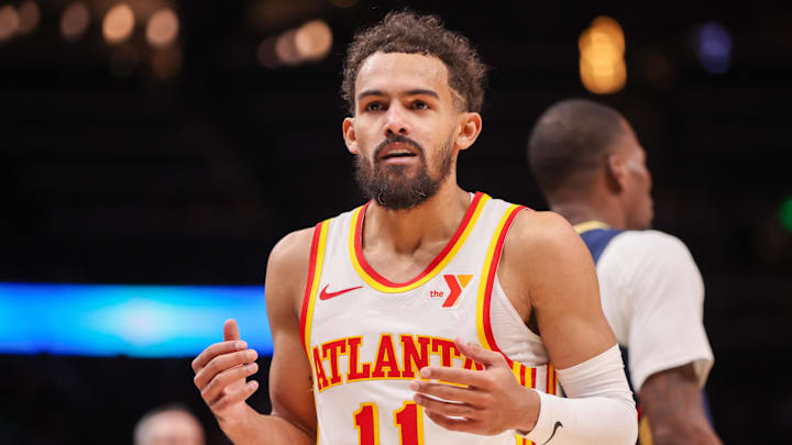 Atlanta Hawks guard Trae Young reacts after a foul call against the New Orleans Pelicans in the fourth quarter at State Farm Arena