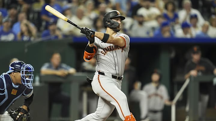 San Francisco Giants designated hitter Michael Conforto (8) bats during the eighth inning against the Kansas City Royals.
