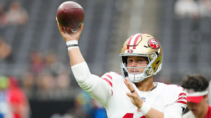 Aug 16, 2025; Paradise, Nevada, USA; San Francisco 49ers quarterback Brock Purdy (13) warms up before a preseason game against the Las Vegas Raiders at Allegiant Stadium. Mandatory Credit: Stephen R. Sylvanie-Imagn Images