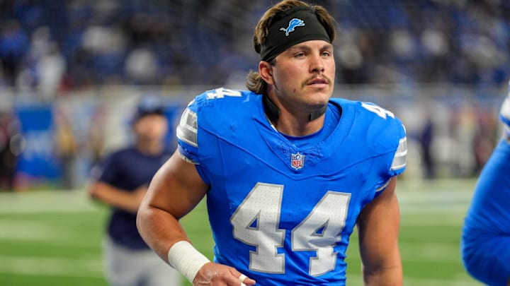 Detroit Lions linebacker Malcolm Rodriguez (44) runs off the field after warm ups during the first quarter of the NFL game at Ford Field in Detroit on Oct. 27, 2024.
