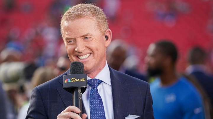 NBC sportscaster Jason Garrett on field prior to a game between the Kansas City Chiefs and Detroit Lions.