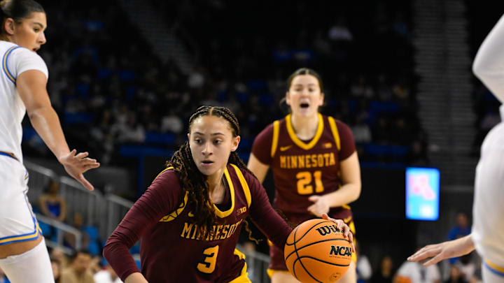 Feb 2, 2025; Los Angeles, California, USA; Minnesota Golden Gophers guard Amaya Battle (3) drives to the basket during the first quarter against the UCLA Bruins at Pauley Pavilion presented by Wescom. Mandatory Credit: Robert Hanashiro-Imagn Images