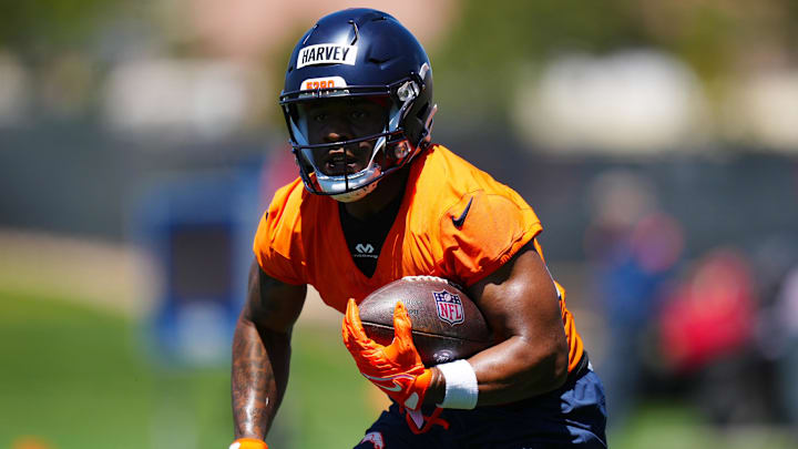 May 10, 2025; Englewood, CO, USA; Denver Broncos running back RJ Harvey (37) during rookie minicamp at Broncos Park Powered by CommonSpirit. Mandatory Credit: Ron Chenoy-Imagn Images