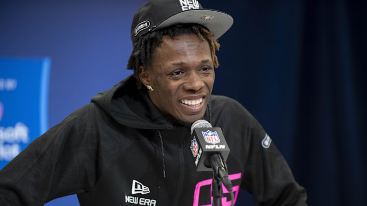 Feb 27, 2025; Indianapolis, IN, USA; Kansas defensive back Cobee Bryant (DB05) during the 2025 NFL Combine at Lucas Oil Stadium. Mandatory Credit: Tanner Pearson-Imagn Images