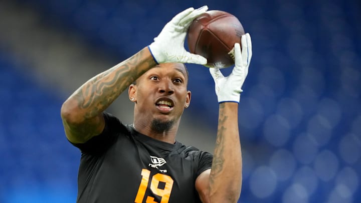 Feb 28, 2026; Indianapolis, IN, USA; Texas Tech wideout Caleb Douglas (WO19) during the NFL Scouting Combine at Lucas Oil Stadium. Mandatory Credit: Kirby Lee-Imagn Images