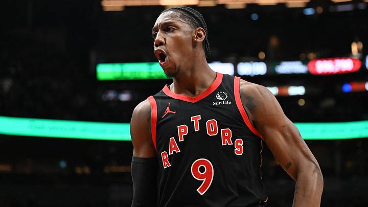 Mar 13, 2026; Toronto, Ontario, CAN;  Toronto Raptors forward RJ Barrett (9) reacts after making a three point basket against the Phoenix Suns in the second half at Scotiabank Arena. Mandatory Credit: Dan Hamilton-Imagn Images