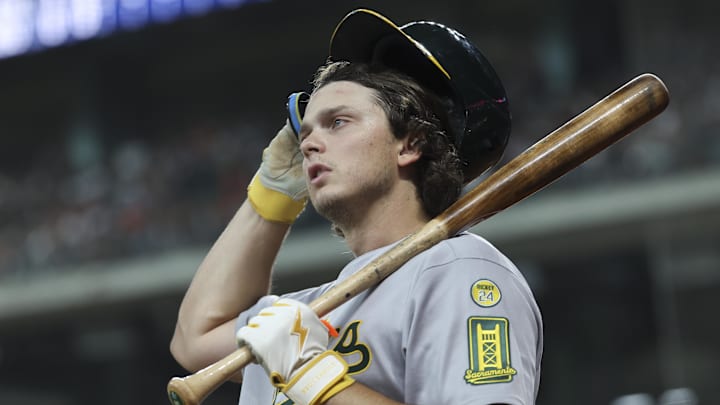 Jul 26, 2025; Houston, Texas, USA; Athletics first baseman Nick Kurtz (16) stands on deck during the third inning against the Houston Astros at Daikin Park. Mandatory Credit: Troy Taormina-Imagn Images Jul 26, 2025; Houston, Texas, USA; Athletics first baseman Nick Kurtz (16) stands on deck during the third inning against the Houston Astros at Daikin Park. Mandatory Credit: Troy Taormina-Imagn Images
