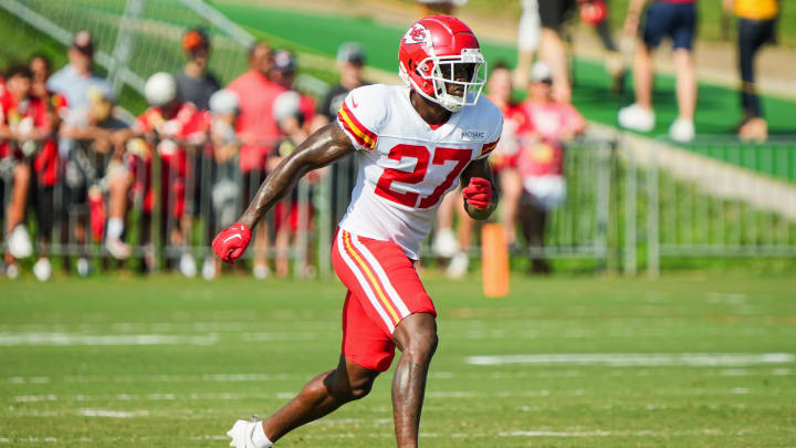 Jul 28, 2023; St. Joseph, MO, USA; Kansas City Chiefs safety Chamarri Conner (27) during training camp at Missouri Western State University. Mandatory Credit: Jay Biggerstaff-USA TODAY Sports