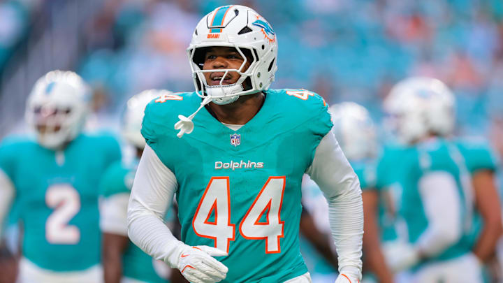 Miami Dolphins linebacker Chop Robinson (44) reacts after sacking Jacksonville Jaguars quarterback John Wolford (not pictured) during the first quarter at Hard Rock Stadium. Miami Dolphins linebacker Chop Robinson (44) reacts after sacking Jacksonville Jaguars quarterback John Wolford (not pictured) during the first quarter at Hard Rock Stadium.