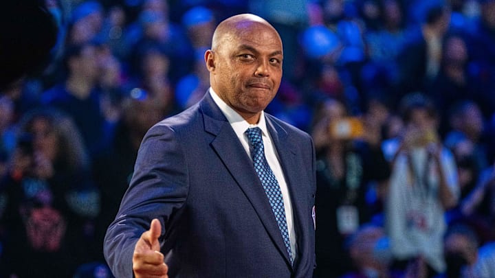 February 20, 2022; Cleveland, Ohio, USA; NBA great Charles Barkley is honored for being selected to the NBA 75th Anniversary Team during halftime in the 2022 NBA All-Star Game at Rocket Mortgage FieldHouse. Mandatory Credit: Kyle Terada-USA TODAY Sports