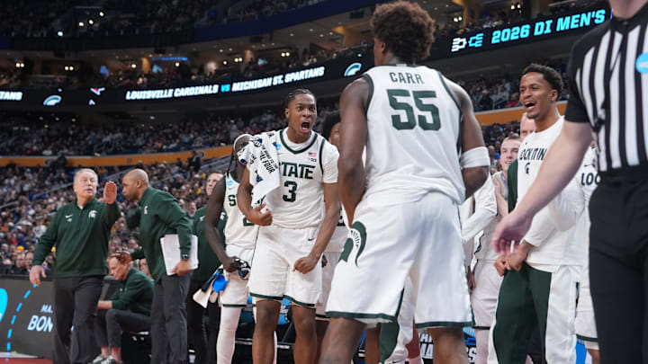 Mar 21, 2026; Buffalo, NY, USA; Michigan State Spartans forward Cam Ward (3) reacts in the second half against the Louisville Cardinals during a second round game of the men's 2026 NCAA Tournament at Keybank Center. Mandatory Credit: Gregory Fisher-Imagn Images