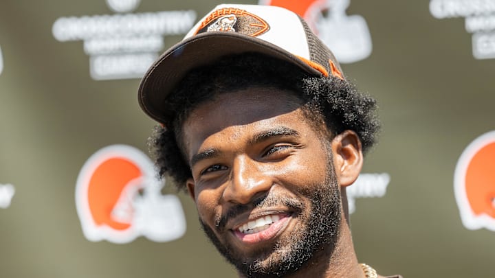 May 10, 2025; Berea, OH, USA; Cleveland Browns quarterback Shedeur Sanders (12) talks to the media during rookie minicamp at CrossCountry Mortgage Campus. Mandatory Credit: Ken Blaze-Imagn Images May 10, 2025; Berea, OH, USA; Cleveland Browns quarterback Shedeur Sanders (12) talks to the media during rookie minicamp at CrossCountry Mortgage Campus. Mandatory Credit: Ken Blaze-Imagn Images