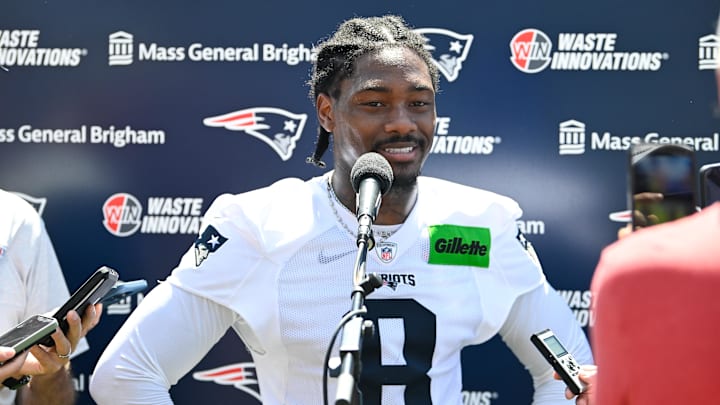 Jul 23, 2025; Foxborough, MA, USA; New England Patriots wide receiver Stefon Diggs (8) addresses the media after practice during day one of training camp at Gillette Stadium. Mandatory Credit: Eric Canha-Imagn Images Jul 23, 2025; Foxborough, MA, USA; New England Patriots wide receiver Stefon Diggs (8) addresses the media after practice during day one of training camp at Gillette Stadium. Mandatory Credit: Eric Canha-Imagn Images