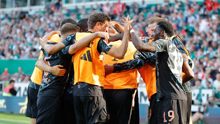 Bayern Munich players celebrating a goal against Werder Bremen on matchday four of the Bundesliga.