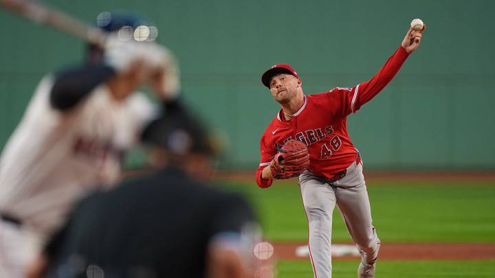 Sep 8, 2026; Boston, Massachusetts, USA; Los Angeles Angels pitcher Reid Detmers (48) throws a pitch against the Boston Red Sox in the first inning at Fenway Park. Mandatory Credit: David Butler II-Imagn Images