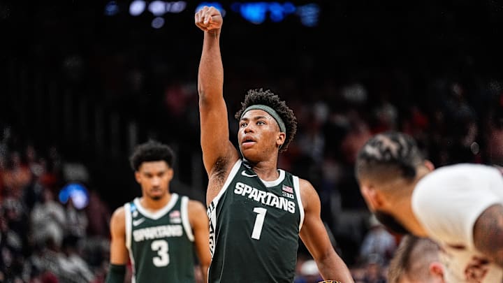 Michigan State guard Jeremy Fears Jr. (1) aims before attempts a free throw against Auburn during the second half of the Elite Eight round of NCAA tournament at State Farm Arena in Atlanta, Ga. on Sunday, March 30, 2025.